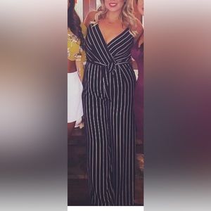 black stripe wide leg jumpsuit. Some stretch. Size Large